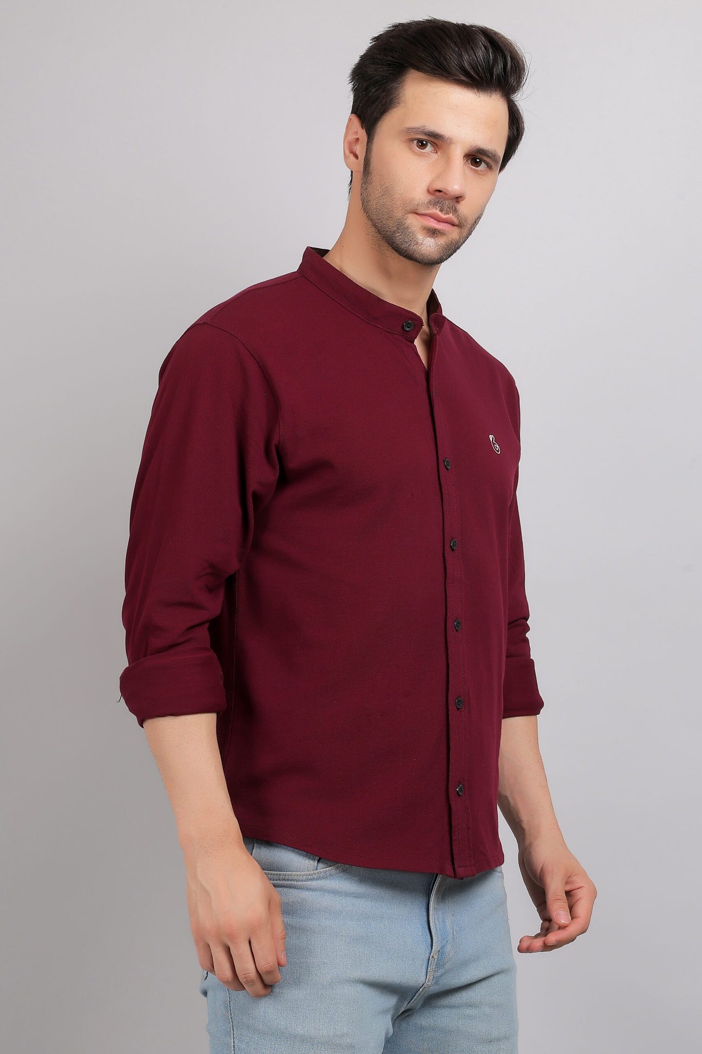 Wine Plain Mandarin Collar Shirt