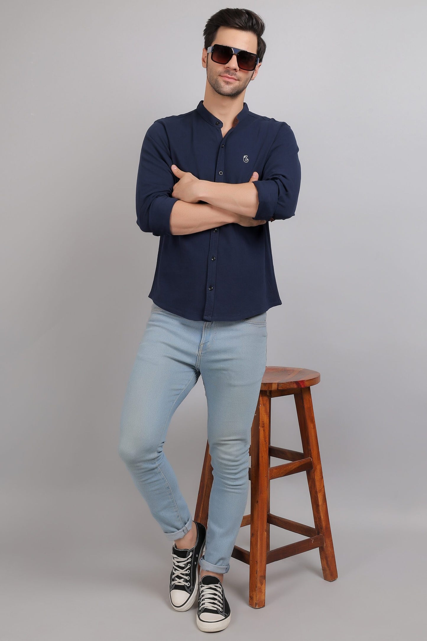 Navy Blue Plain Mandarin Collar Shirt