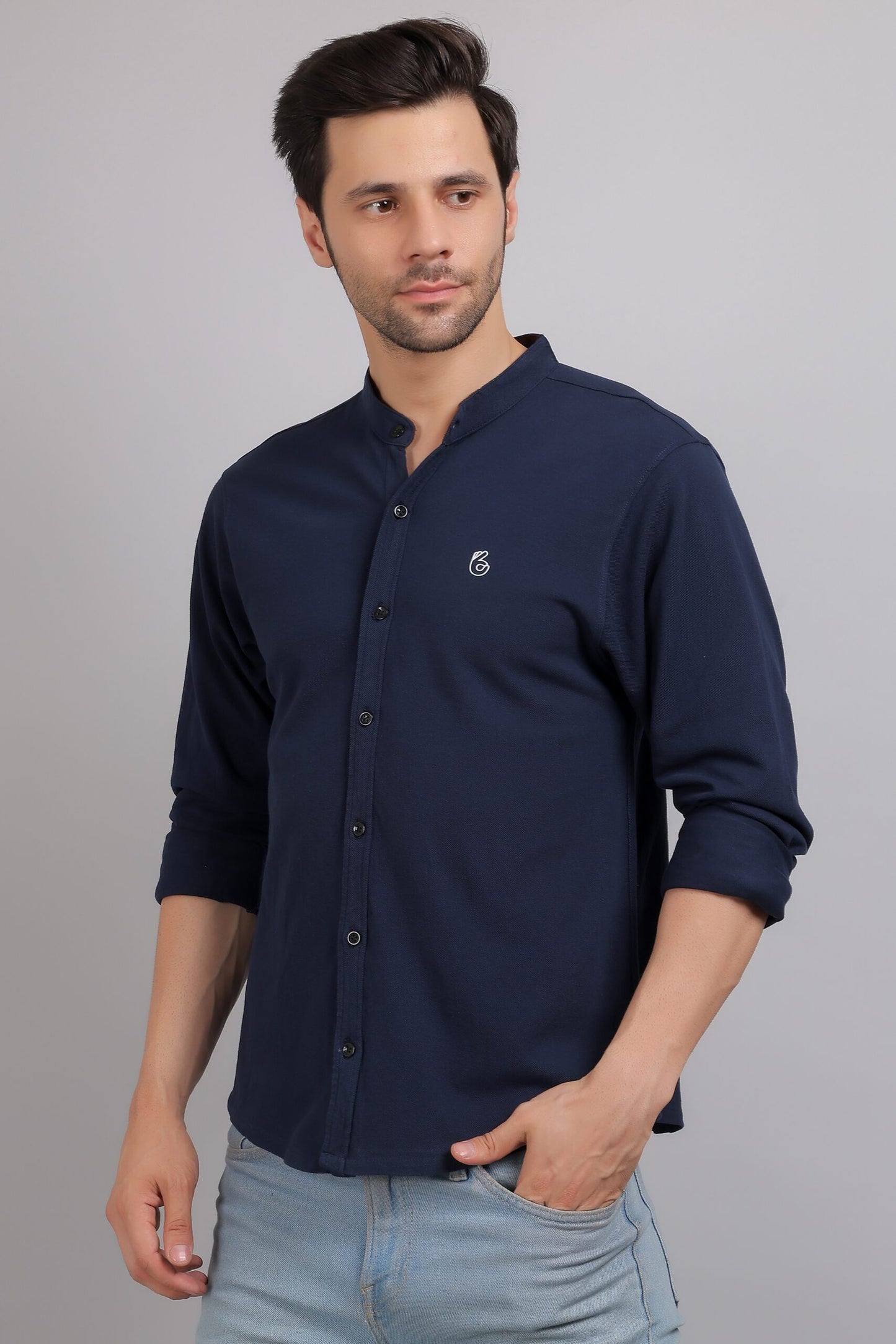 Navy Blue Plain Mandarin Collar Shirt
