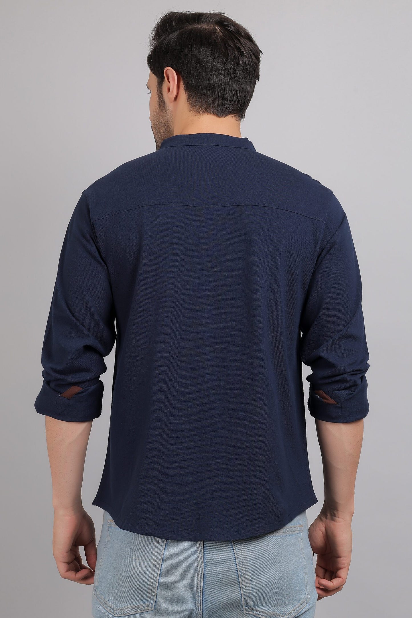 Navy Blue Plain Mandarin Collar Shirt