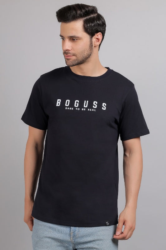 Boguss Print Round Neck Navy Blue T-Shirt