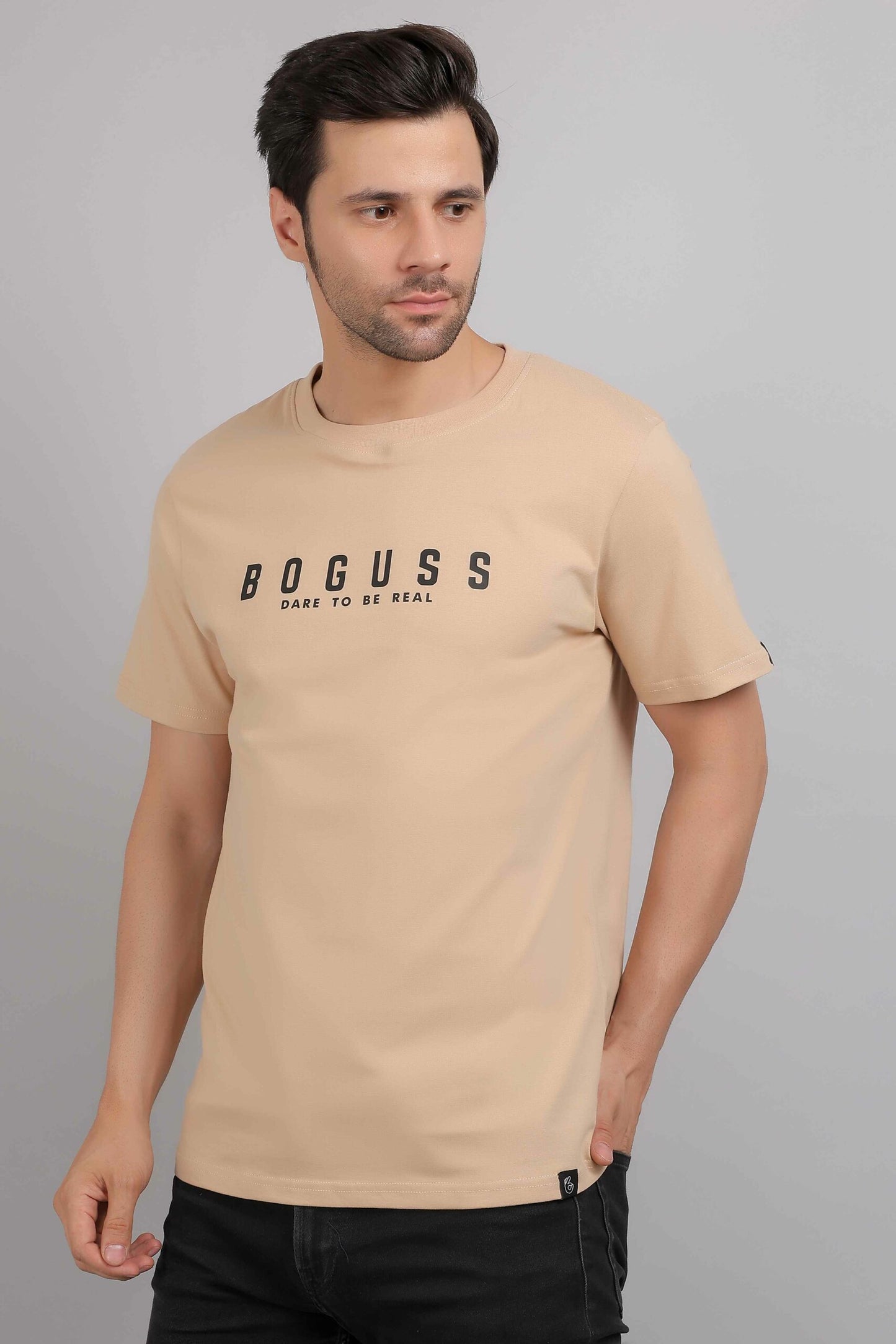 Boguss Print Round Neck Beige T-Shirt