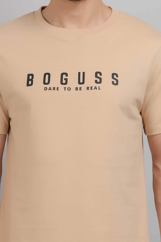 Boguss Print Round Neck Beige T-Shirt