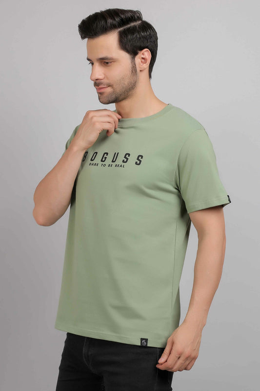 Boguss Print Round Neck Sage Green T-Shirt