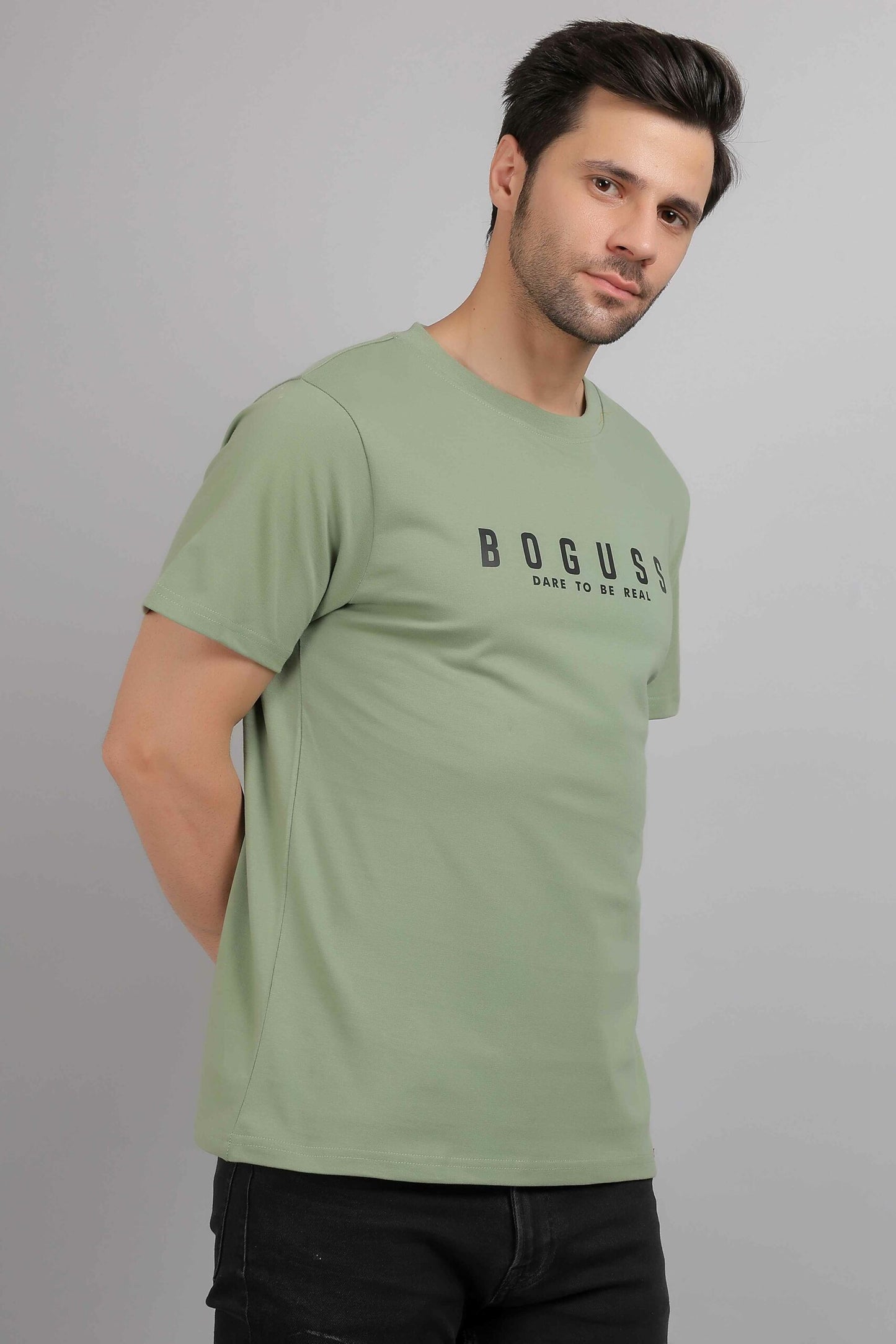 Boguss Print Round Neck Sage Green T-Shirt
