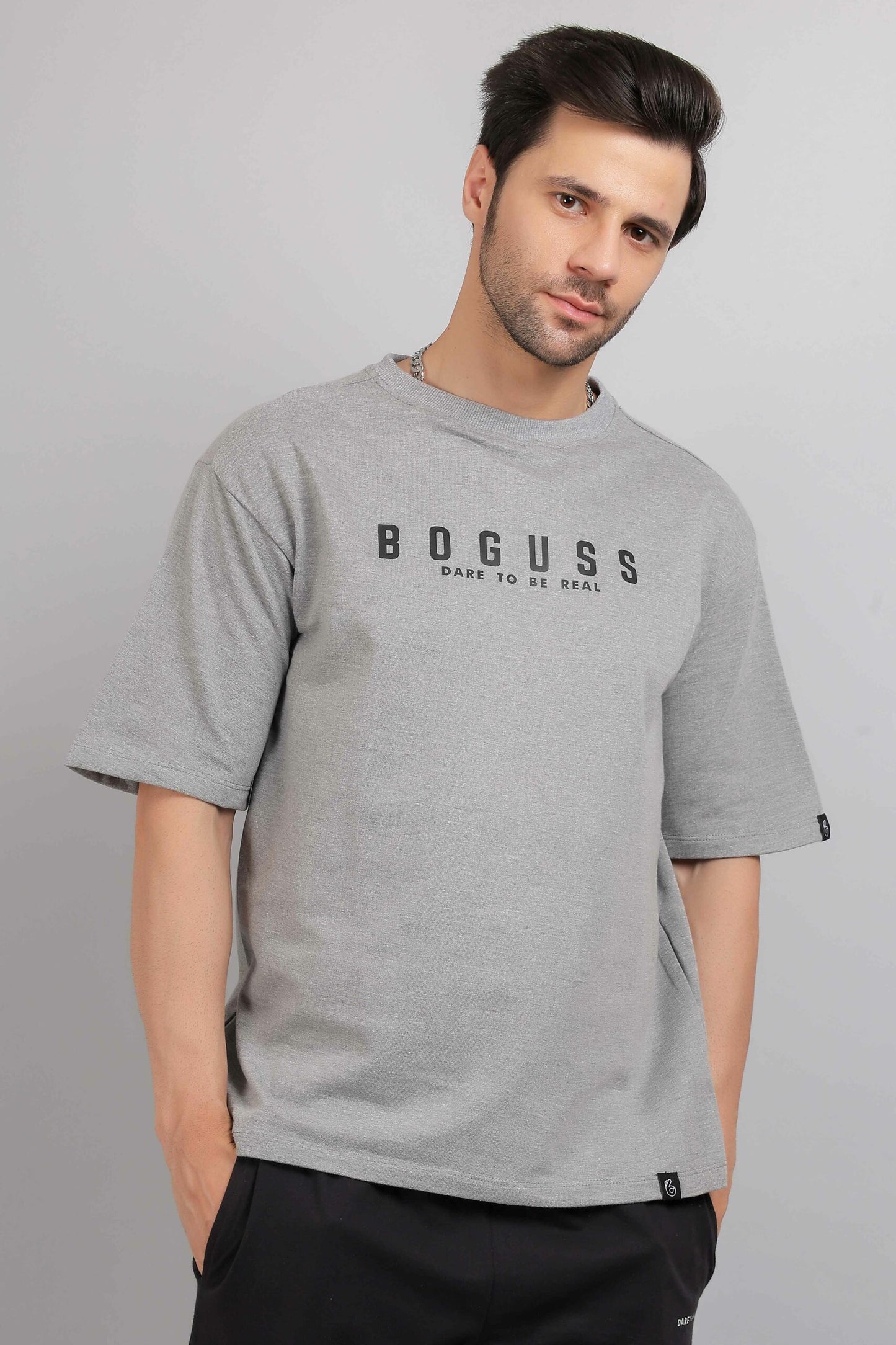 Boguss Print Oversized Melange Grey T-Shirt