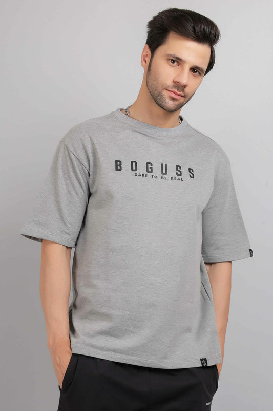 Boguss Print Oversized Melange Grey T-Shirt