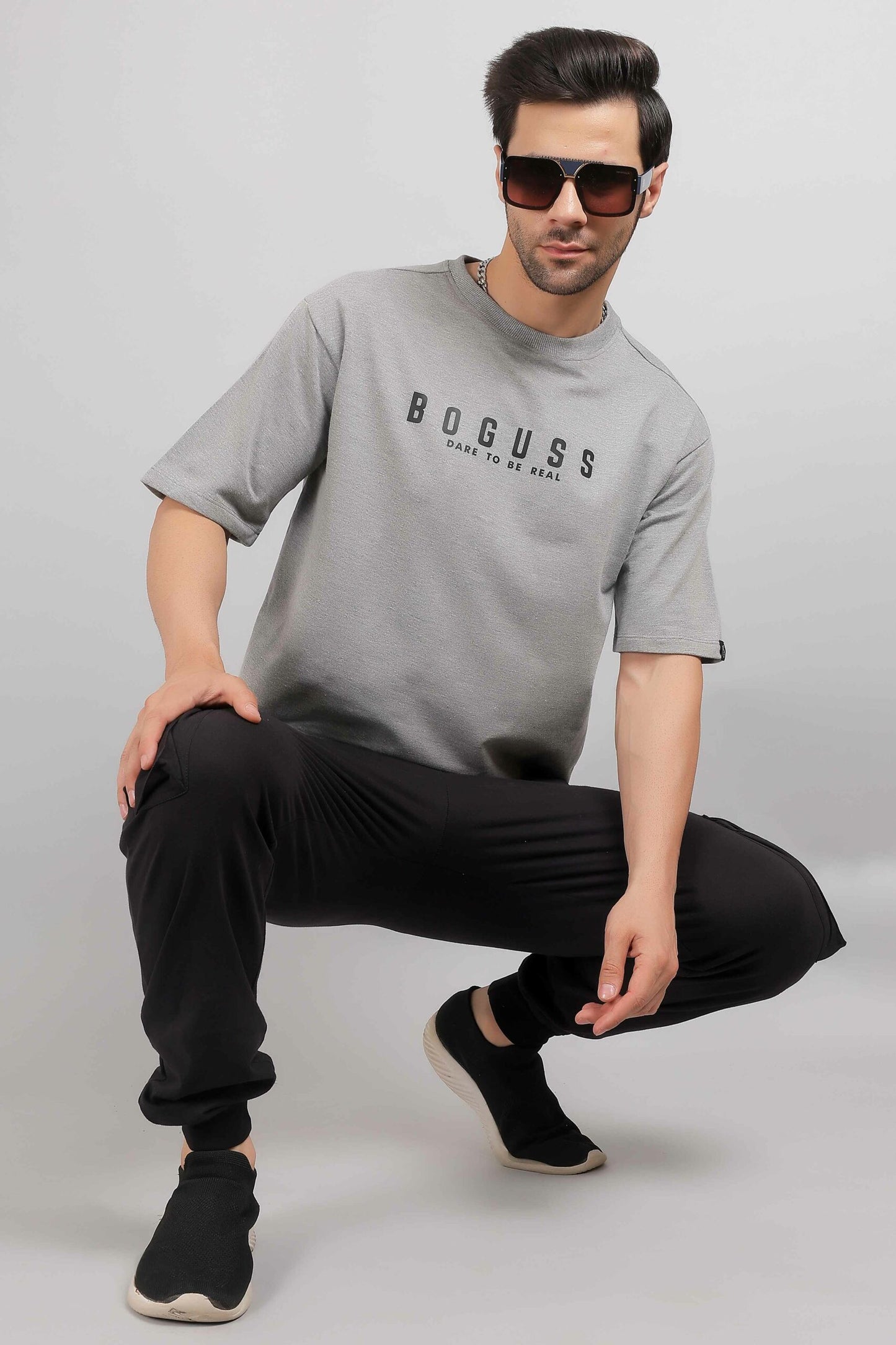 Boguss Print Oversized Melange Grey T-Shirt