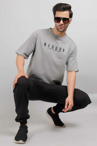 Boguss Print Oversized Melange Grey T-Shirt