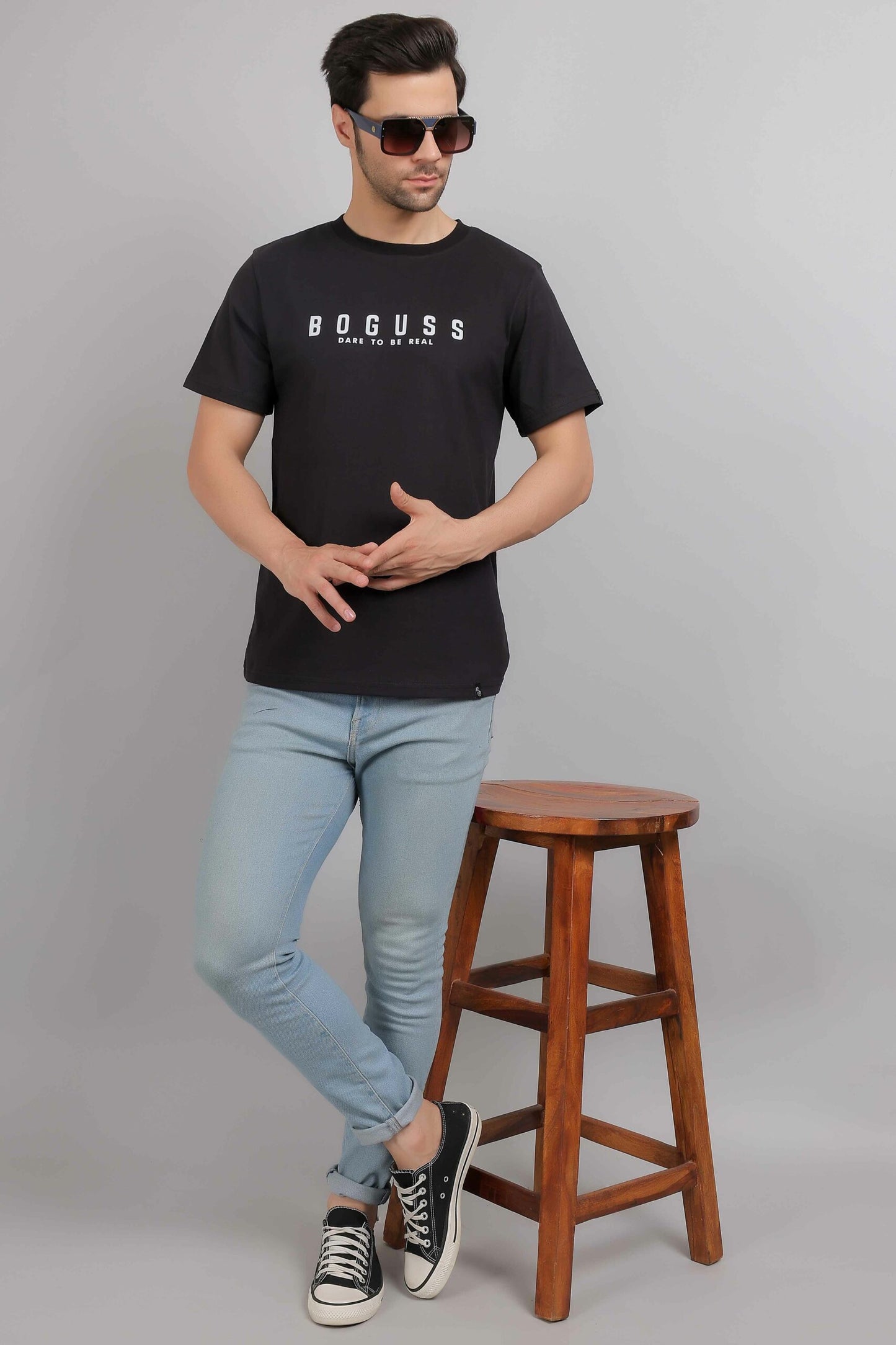 Boguss Print Round Neck Black T-Shirt