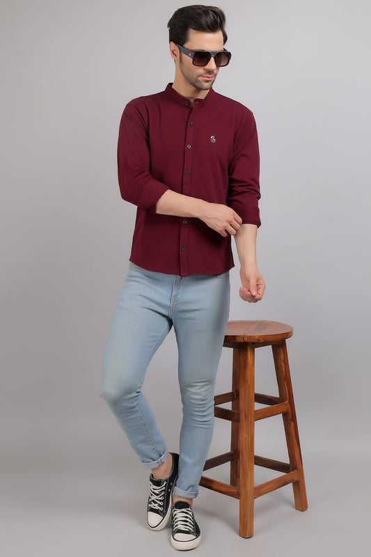 Wine Plain Mandarin Collar Shirt