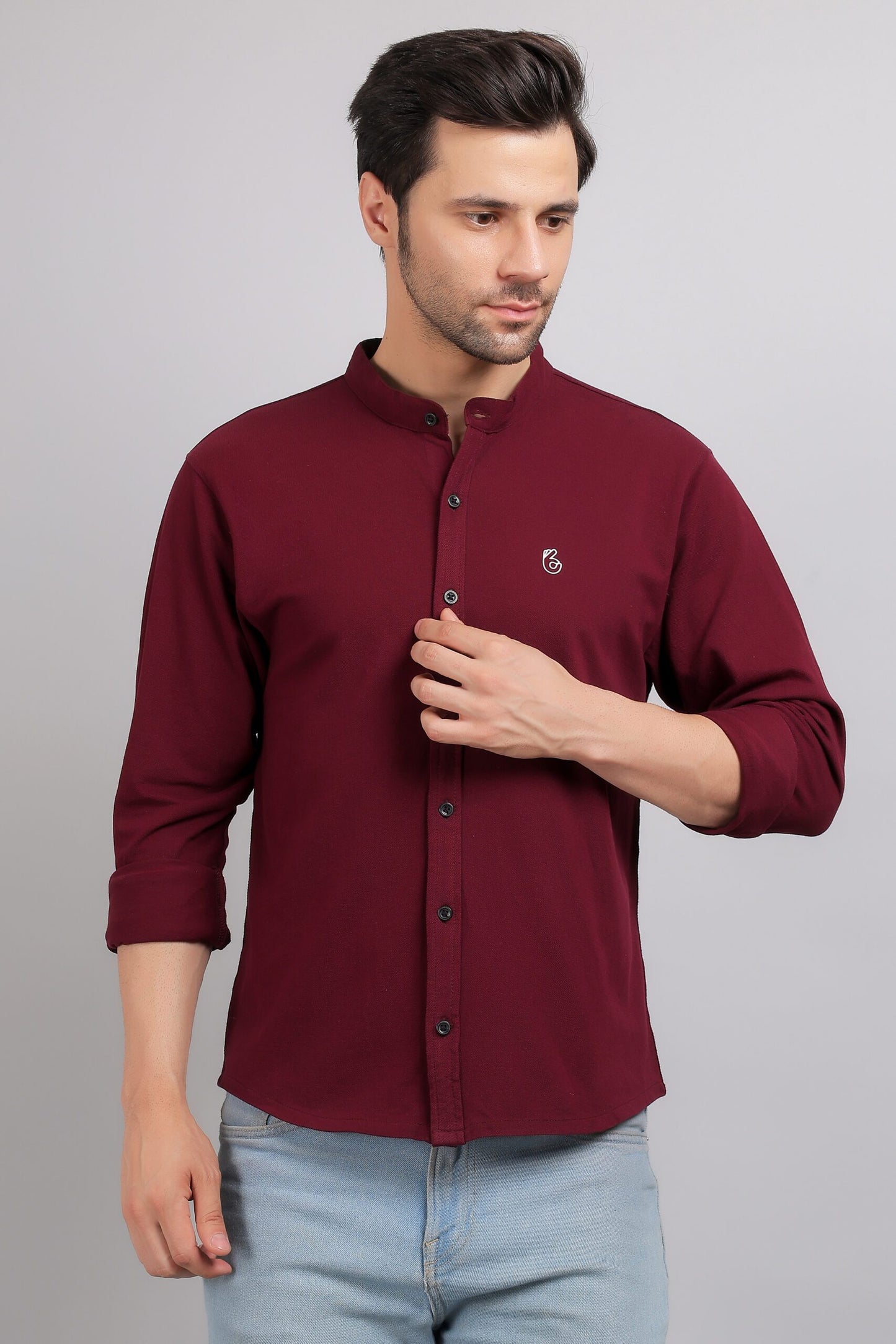 Wine Plain Mandarin Collar Shirt