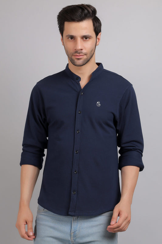 Navy Blue Plain Mandarin Collar Shirt