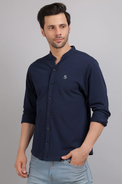 Navy Blue Plain Mandarin Collar Shirt