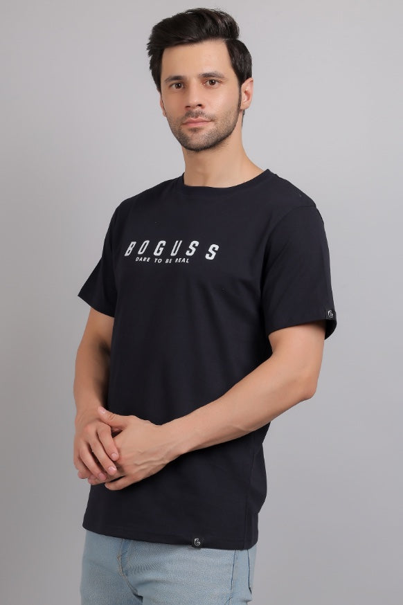 Boguss Print Round Neck Navy Blue T-Shirt