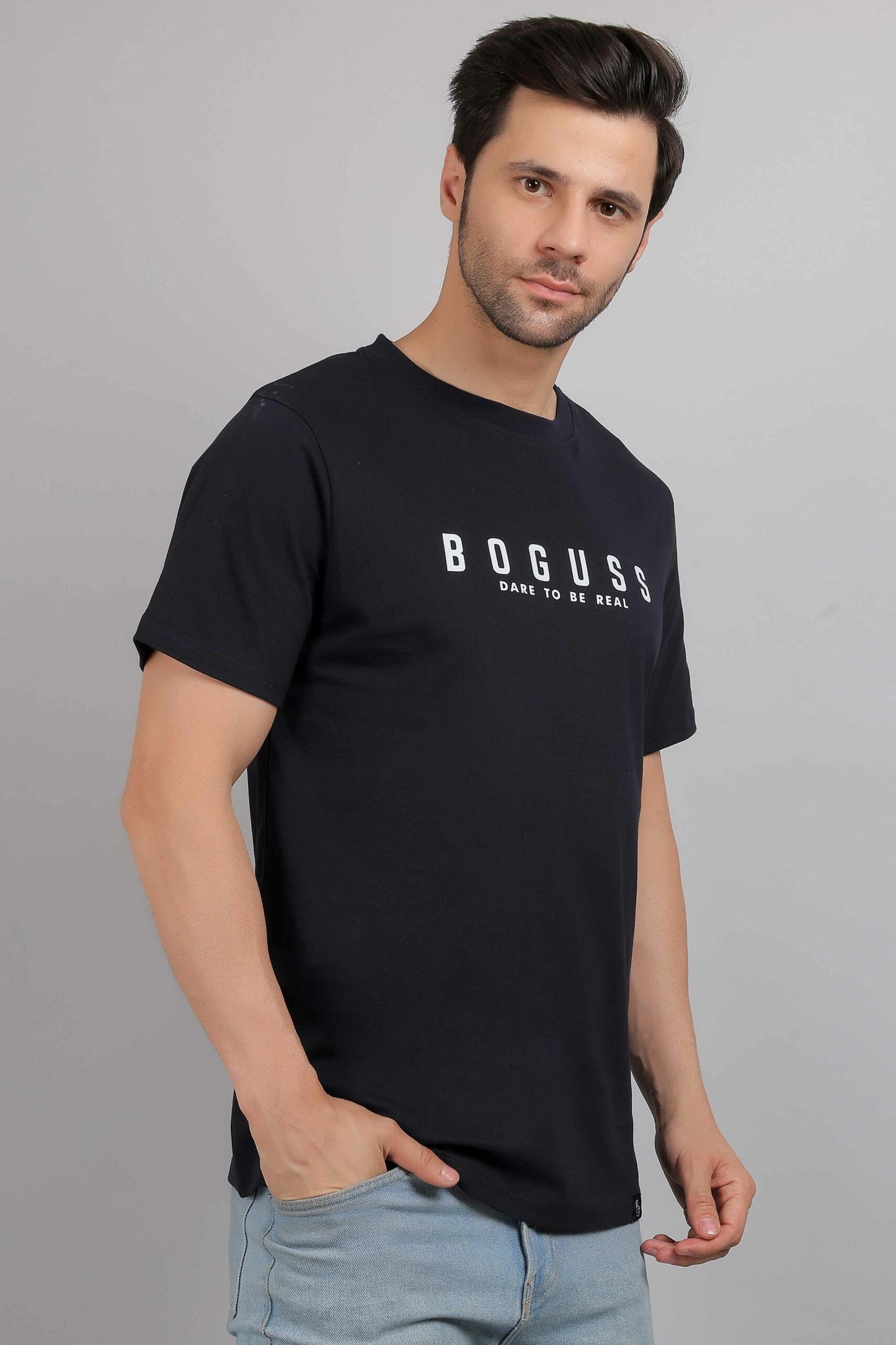 Boguss Print Round Neck Black T-Shirt