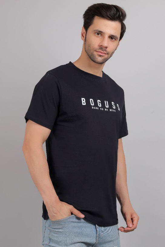 Boguss Print Round Neck Navy Blue T-Shirt