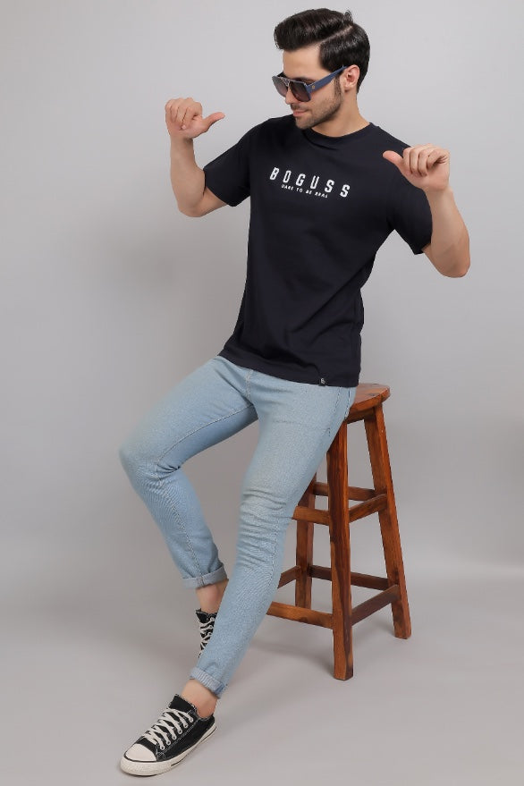 Boguss Print Round Neck Navy Blue T-Shirt