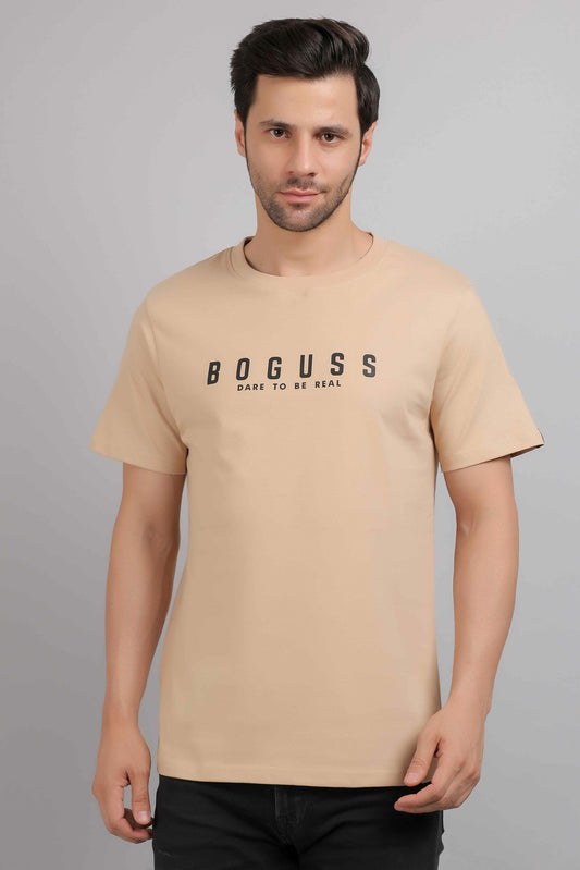 Boguss Print Round Neck Beige T-Shirt