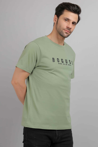 Boguss Print Round Neck Sage Green T-Shirt